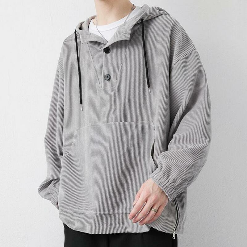 Fashionable Button-up Hoodie Men's Solid Color Hoodie with Drawstring Patch Pocket Loose Button Decor Pullover for Fall for Men