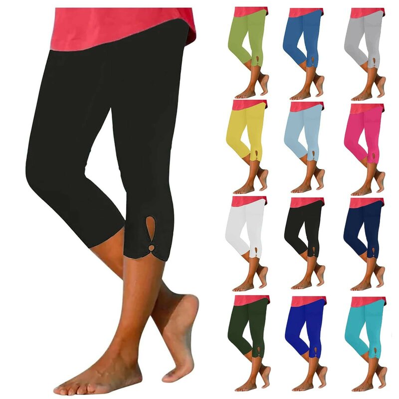 Capris legging untuk wanita, celana Kapri pinggang tinggi elastis kasual Slim Fit warna Solid, celana olahraga Fitness Yoga musim panas