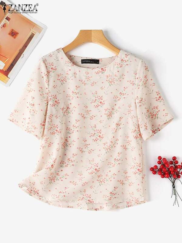 ZANZEA-Blusa estampada floral boêmia para mulheres, camisa vintage, manga curta, tops casuais de férias, túnica O Neck, verão