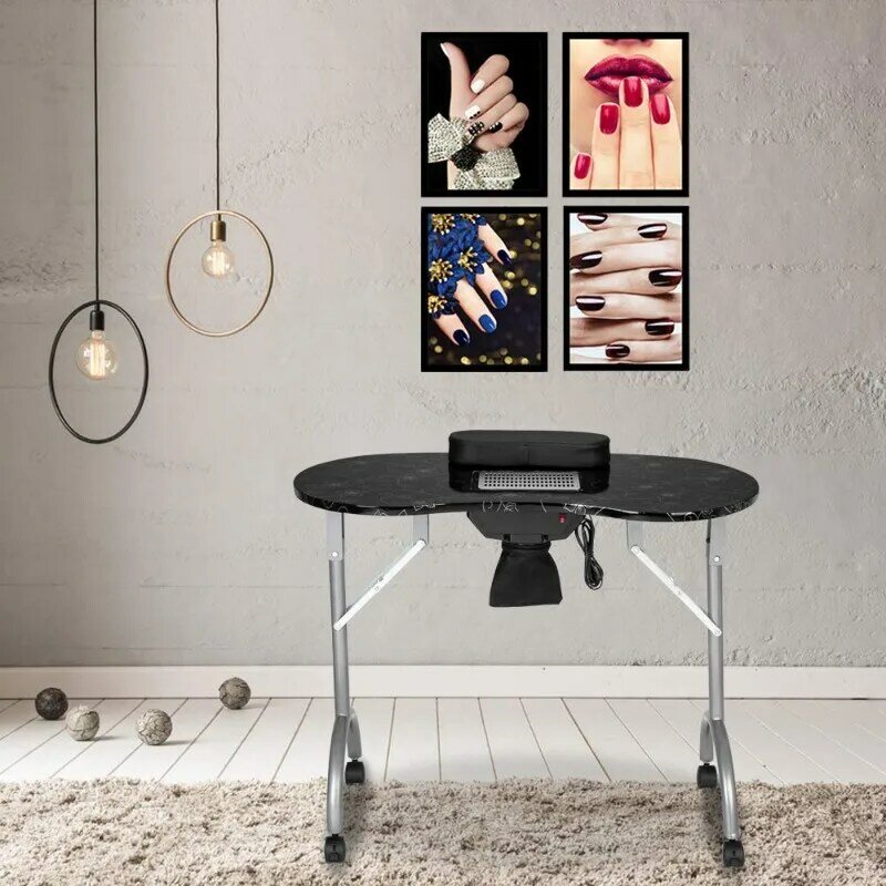 โต๊ะทำเล็บมือพร้อมแปรงเก็บฝุ่นไฟฟ้าโต๊ะช่างเสริมสวยเอ็มดีเอฟลามิเนตพับได้สำหรับร้านสปาเวิร์คสเตชั่น