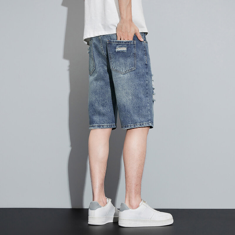 Shorts jeans rasgados masculinos, jeans angustiados, streetwear de hip hop, punk, azul, oco fora, verão, 2022