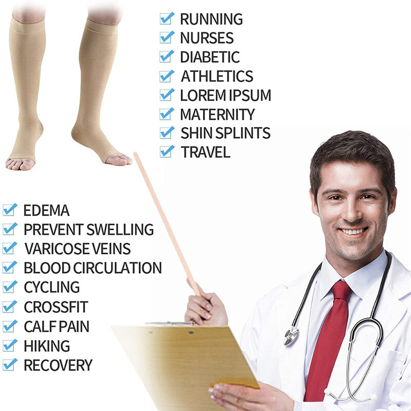 Meias de compressão médicas para homens e mulheres, prevenir varizes, mangueira de suporte sem toeless, 1 par