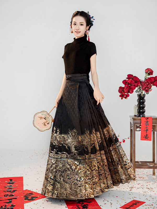Original Chinese hanfu Woven Gold Horse Face Skirt Female New Chinese Long Dress Guofeng Commuter Ming Hanfu