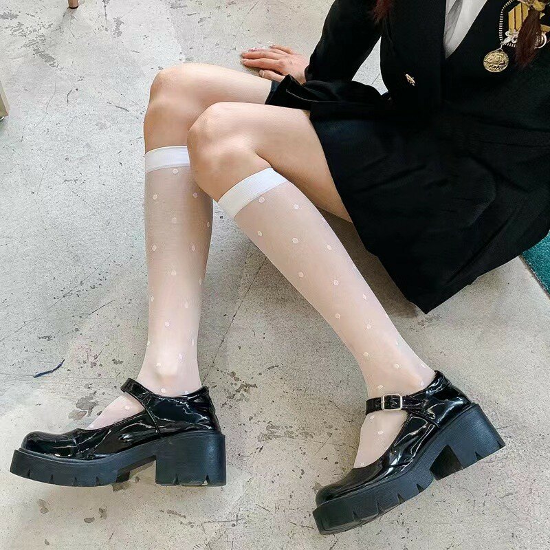 Сексуальные женские чулки JK для девушек, форма в стиле "Лолита", тонкие длинные носки, шелковые чулки с сердечками, просвечивающие черные носки до колена, летнее нижнее белье