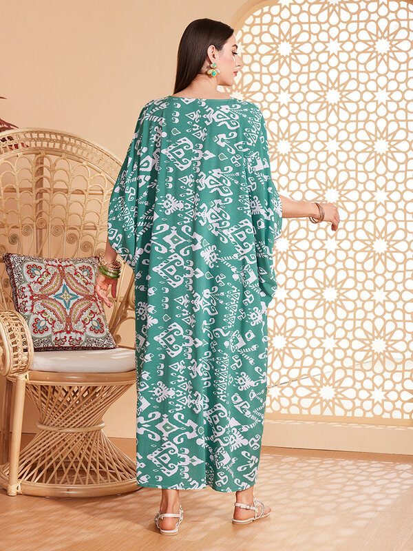 Vestido de verano estampado para mujer, caftán musulmán de manga corta, Abayas de Arabia, Dubai Y Turquía