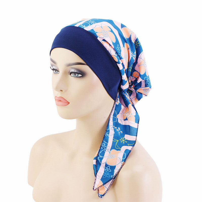 Hijab muçulmano elástico para mulheres, Cancer Chemo Caps, Turbante Estampado Flor, Hair Loss Headscarf, Lenço Hijab de Algodão, Headwear, Headwear