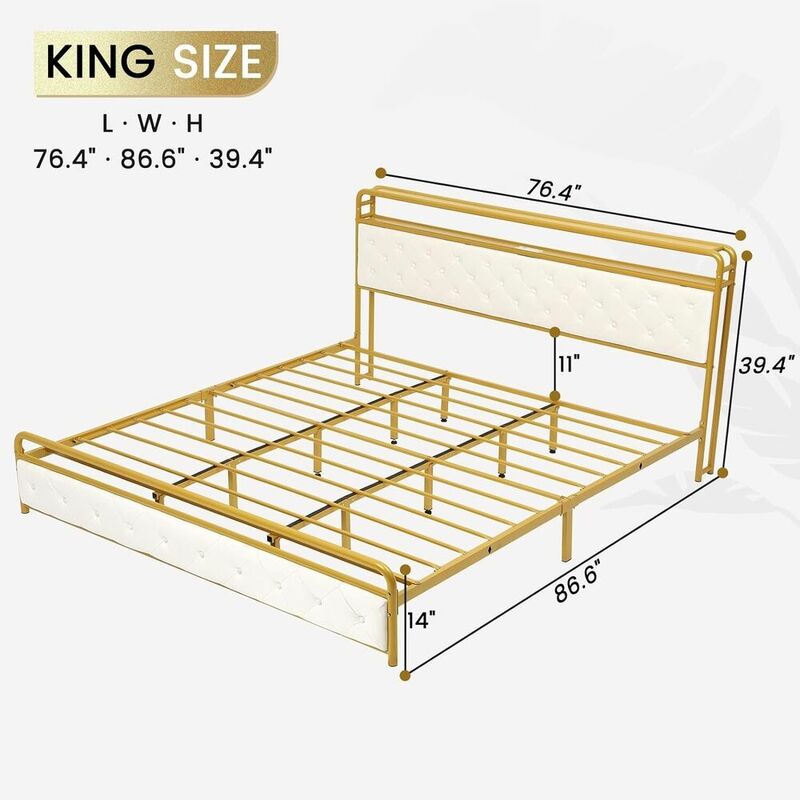 킹 사이즈 침대 프레임, 보관 헤드 보드 및 LED 조명, 덮개를 씌운 플랫폼 침대