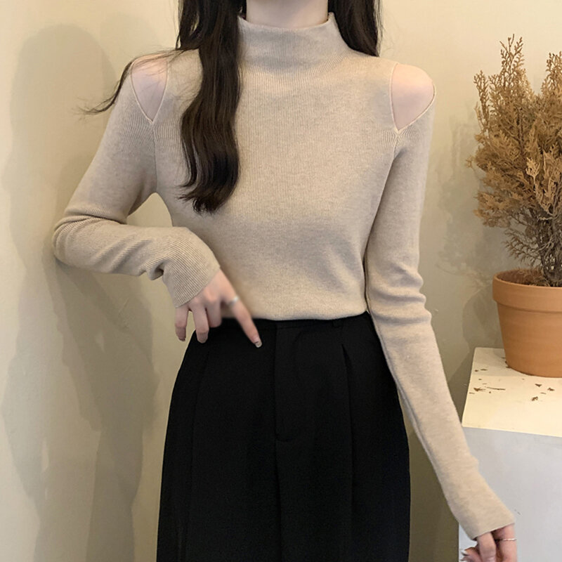 Women's Knitted Top Long Sleeves Half Turtleneck off-shoulder Solid Colour Slim Fit Autumn Winter Hollow out Sweater