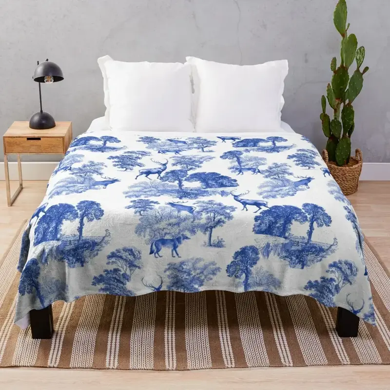Manta de tiro extragrande con patrón de ciervo en el bosque, Toile francés azul clásico, sofá cama gigante, mantas de moda