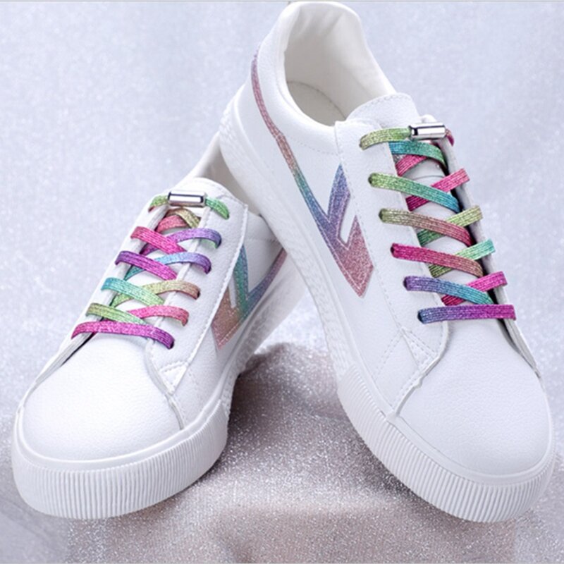 Rainbow Elastic Laces para Sneakers, Bandas planas coloridas, No Tie Shoe Laces, Acessórios para sapatos para adultos e crianças