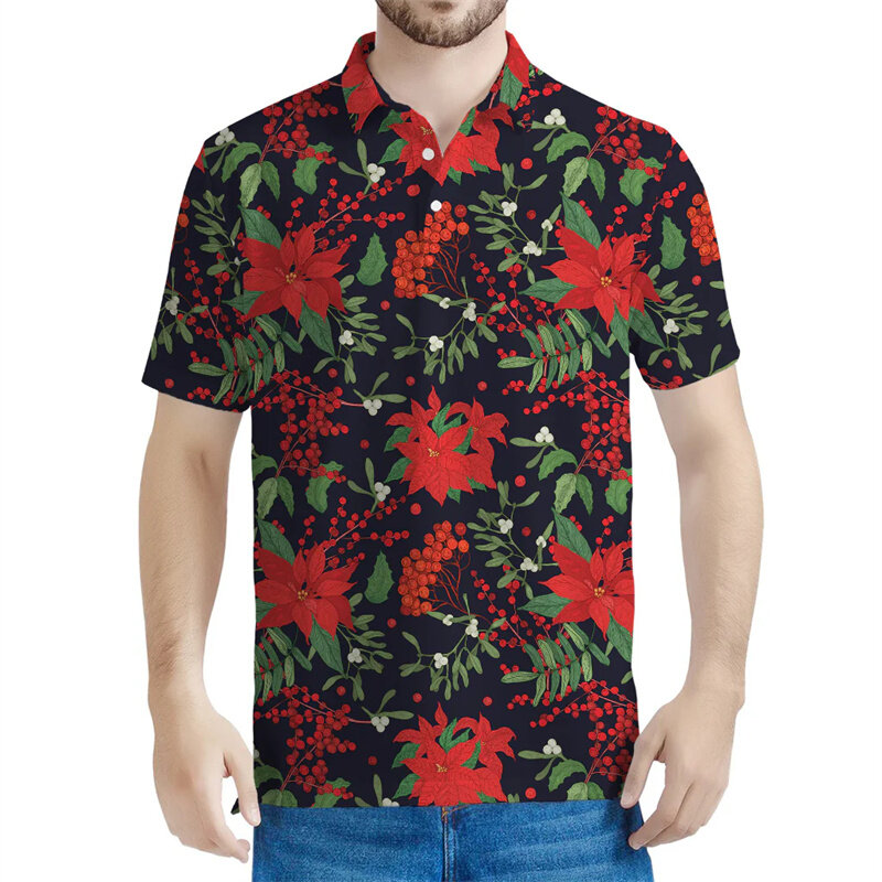 포인세티아 플라워 폴로 셔츠 남성용, 3D 프린트 꽃무늬 반팔, 단추 폴로 셔츠, 여름 캐주얼 라펠 티