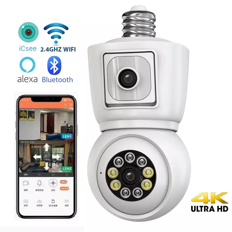 Icsee 4K 8mp E27 Lamp Wifi Camera Dual Lens Dual Screen Auto Tracking Tweeweg Audio Kleur Nachtzicht Buitenbewakingscamera