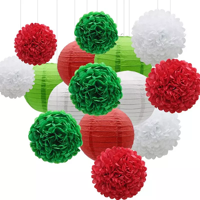 Pompones de papel blanco, verde y rojo, Bola de panal, linterna de papel colgante, Decoración de cumpleaños y boda, suministros para fiestas de bebé