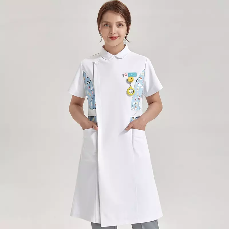 Vestido de enfermera para mujer, Túnica de cuidado de la salud, uniforme de trabajo de esteticista, veterinario y mascota, estilo bata de enfermería, blanco
