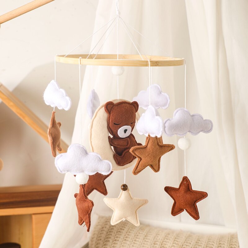 Zróbmy drewniany grzechotki dla dzieci miękki filc kreskówka niedźwiedź pochmurny gwiazda księżyc wiszące dzwoneczki do łóżka mobilne łóżeczko Montessori zabawki edukacyjne