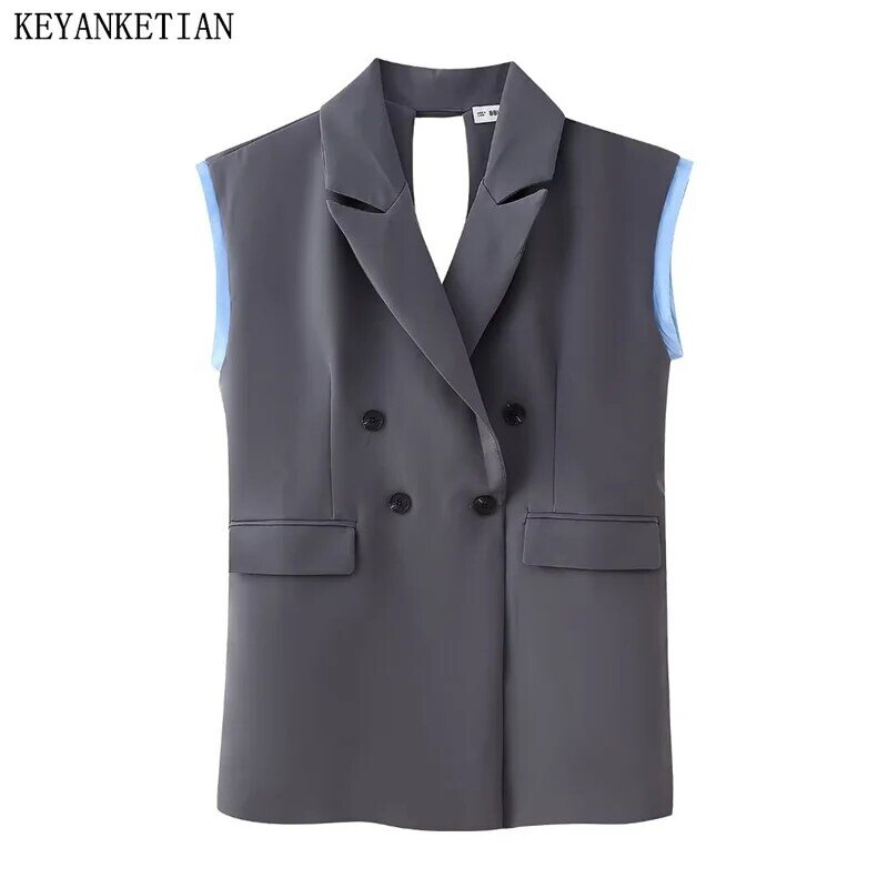 Keyanketian-Colete feminino oco sem costas, colete de tubulação de contraste, casaco grande, moda de rua, novo lançamento, 2022