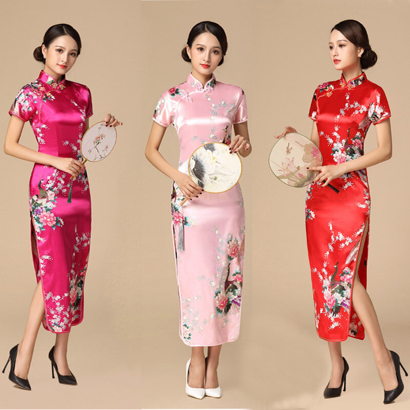 Druck Pfau Sexy Split Qipao Vestidso Frauen Satin Cheongsam Chinesischen Traditionellen Mandarin Kragen Abend Party Kleid