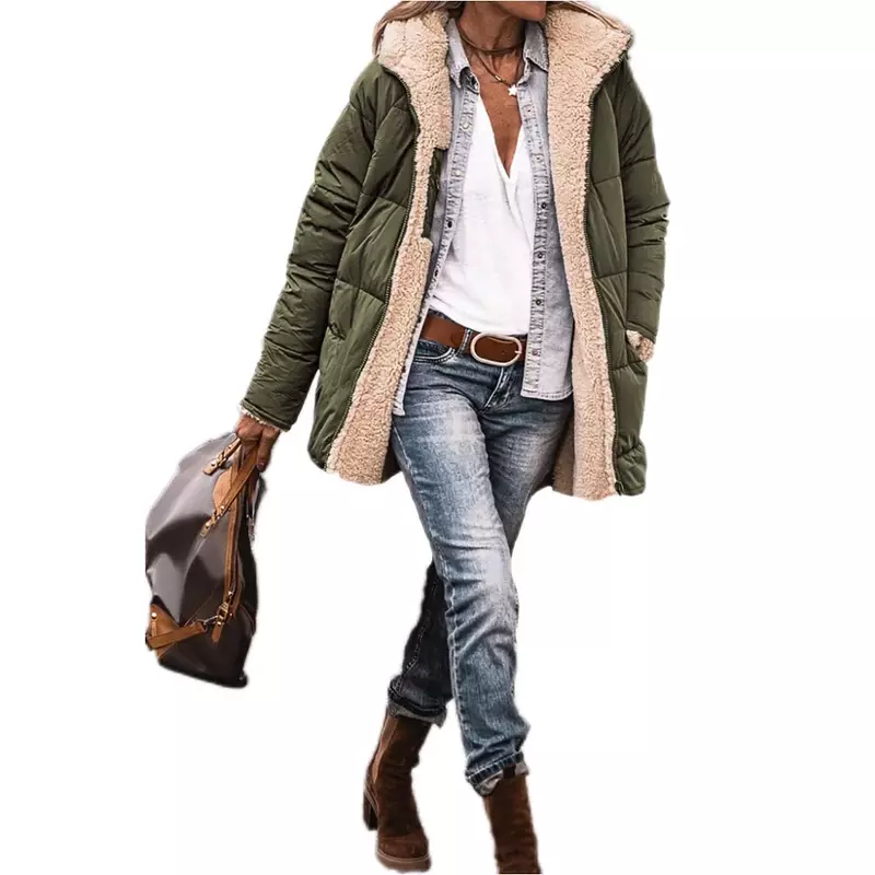 Jaqueta curta com capuz monocromática, jaqueta acolchoada de algodão, manga longa, dupla face, cardigan de temperamento fino, casaco superior