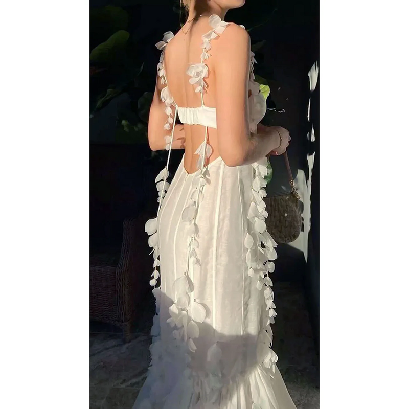 Gaun pernikahan putri duyung putih cantik gaun pesta malam panjang sepergelangan kaki buatan kustom applique renda tanpa lengan tali spageti