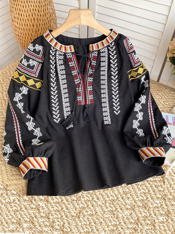 Women's Retro Blouse National Style Embroidered Lace-Up Tassel V-Neck Lantern Sleeve Tops Loose All-Match Female Tops A25