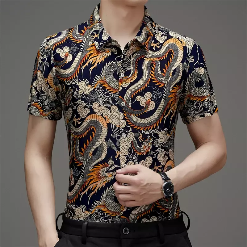 Рубашка мужская с короткими рукавами, свободная универсальная летняя рубашка из ледяного шелка с принтом дракона в китайском стиле