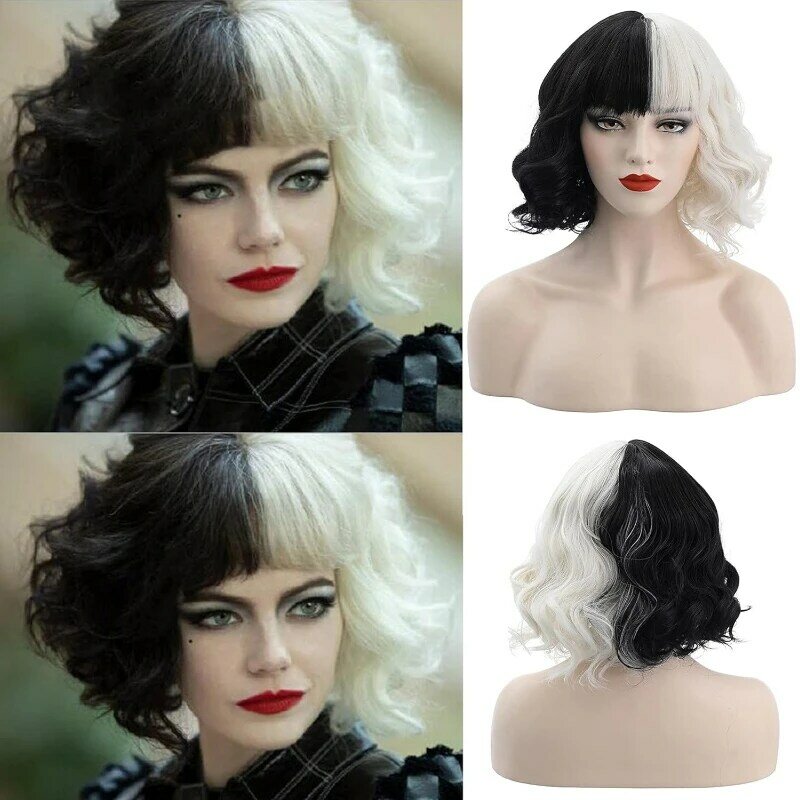 Fashion Cosplay Costumes Black and White Wig Cute Synthetic Short Curly Hair Wigs for Women Party Halloween Christmas