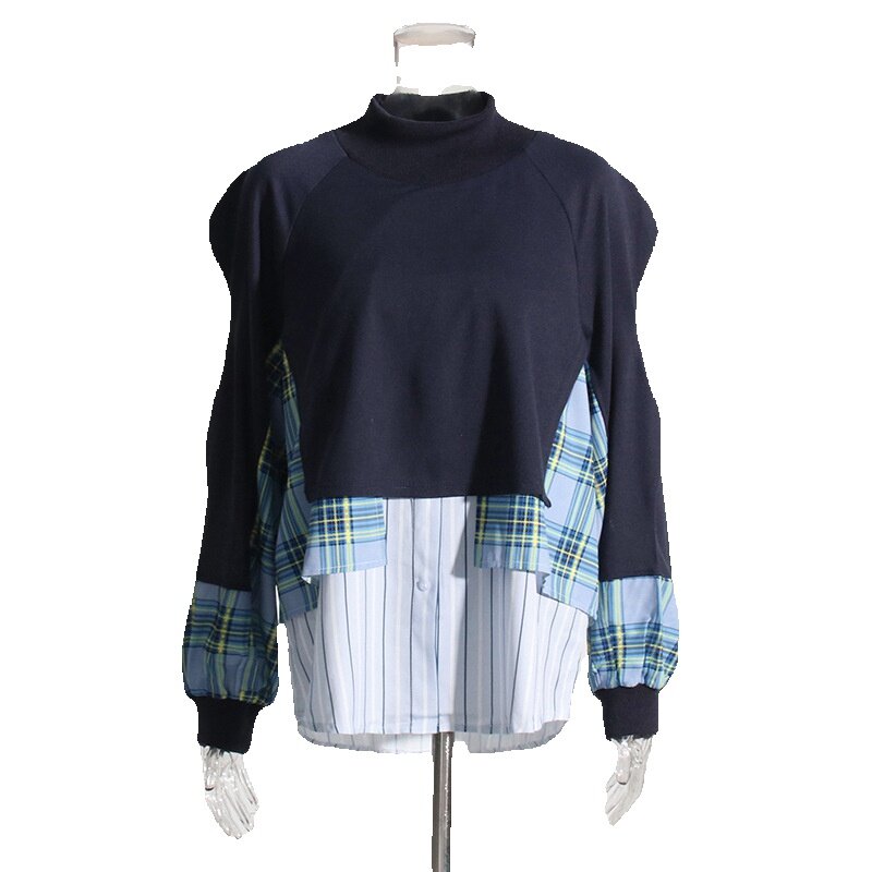 Temperament Design SenSe Top 2024 Autumn/winter New Fashionable Patchwork Plaid Loose Fake Two-piece Hoodie For Women