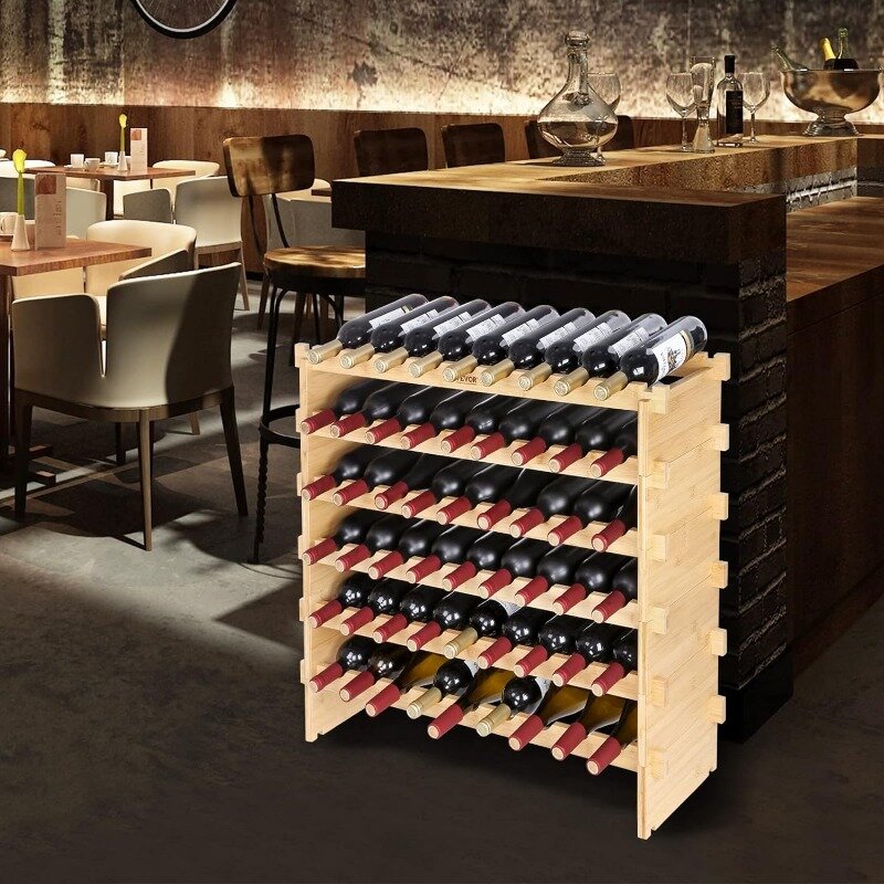 48 Bottle Stackable Modular Wine Rack, 6-Tier Solid Bamboo Wood Storage Racks, Floor Freestanding Wines Holder Display Shelf