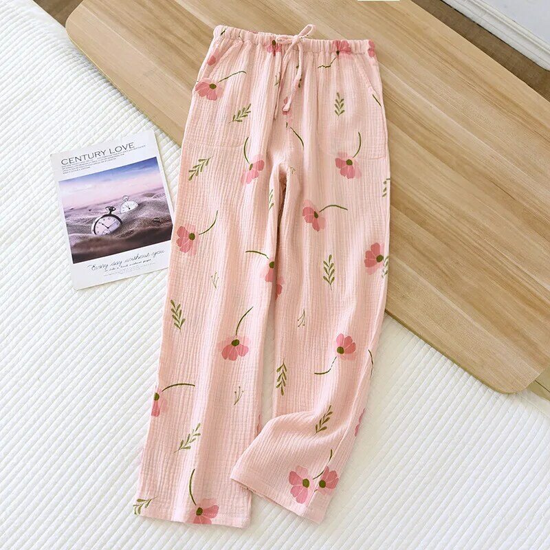 2024 Japanese Spring/Summer New Women's Pajama Pants 100% Cotton Crepe Pants Sweet and Cute Pajama Pants Ladies Loose Home Pants