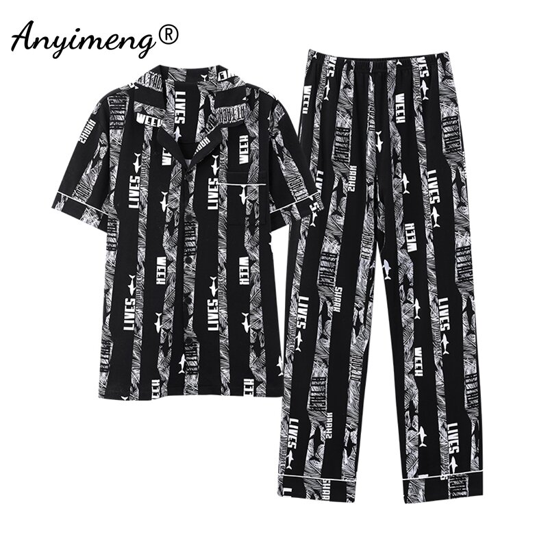Printemps Été Hommes Coton Pyjamas Manches Courtes viser Longs Pyjama Plus La Taille L-4XL De Luxe Vêtements De Nuit De Mode Homme Casual Maison trempé