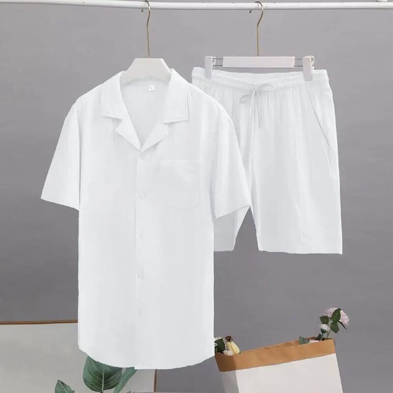 Traje de Color sólido para hombre, camisa con solapa informal, pantalones cortos con cintura con cordón, conjunto de manga corta de un solo pecho