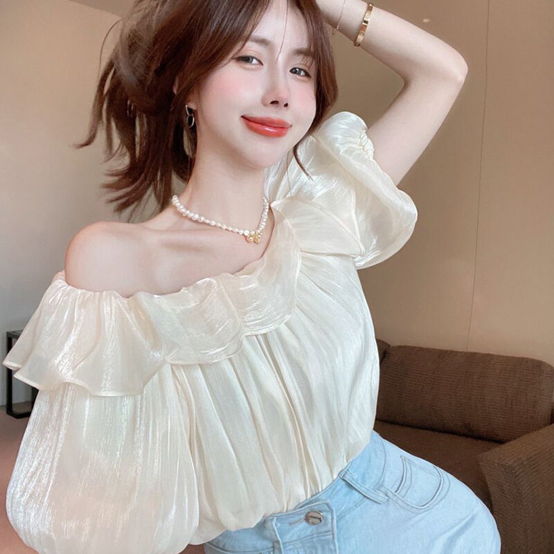 GIDYQ Elegant Sweet Chiffon Women Shirt Korean Puff Short Sleeve Slash Neck Blouse Fashion Ruffled Off Shoulder Tops Summer New