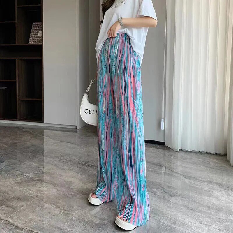 Summer Women's Wide Leg Pants with Elastic Waistband Striped 2024 Female Ladies Trouser Pants T42