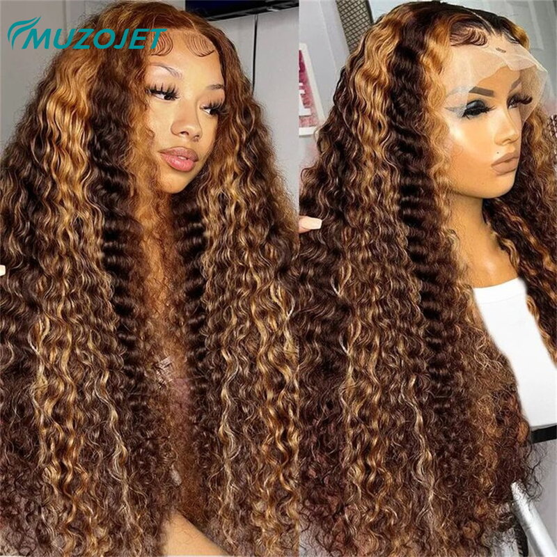 180% Density 4/27 Deep Wave Wig 13x4 Lace Frontal Wigs Human Hair Highlight Honey Blonde Colored Brown Curly Lace Wigs For Women