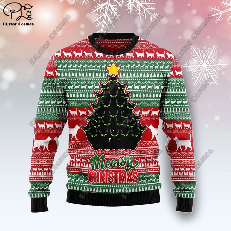 Suéter con estampado 3D de elementos navideños, suéter con patrón de árbol de Navidad, Papá Noel, arte feo, calle informal, S-2 de invierno