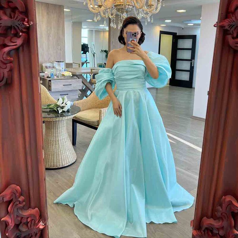 Modest Boat Collar Pleated A-line Satin Evening Dress for Women A-line Court Prom Gown with Removable Puff Sleeve vestido festa