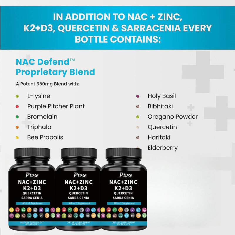 N-acetylcysteine NAC 1000มก. อาหารเสริมที่มีวิตามิน D3 + K2, สังกะสีที่ซับซ้อนและ quercetin 1000มก.