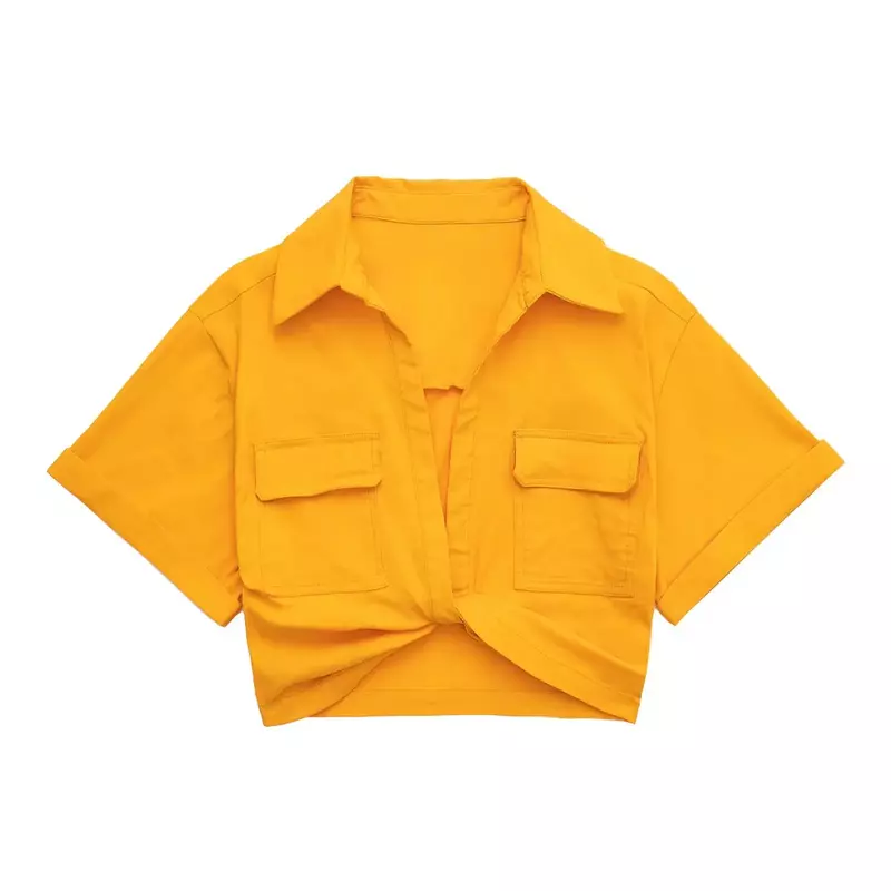 Новинка лета 2023, Женская стильная короткая льняная блузка с карманами и заплатками, Женская шикарная Укороченная рубашка-кимоно LS1376