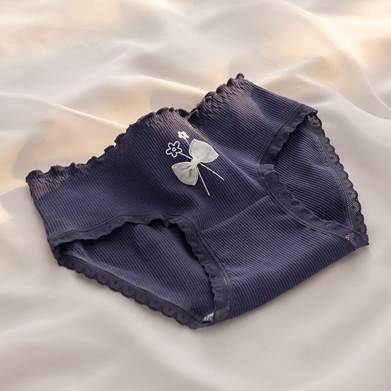 Breathable Lovely Mid-waist Lingeries Solid Color Flower Print Korean Underwear Cotton Cute Briefs Women Lace Panties