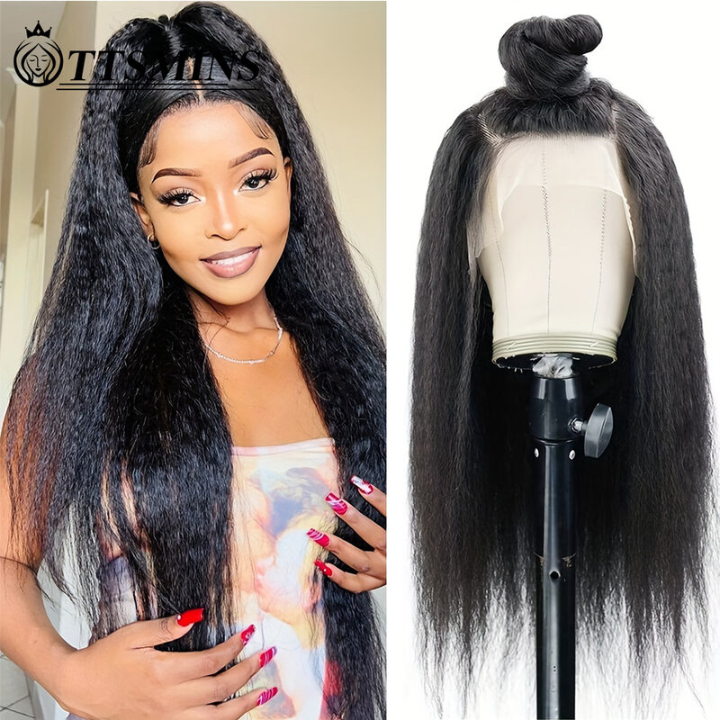 Transparent Yaki Straight Human Hair Lace Front Wig 180% Density Pre Plucked Kinky Straight 13x4 HD Lace Closure Human Hair Wigs