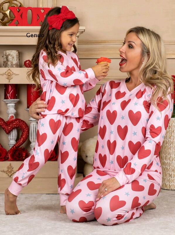 2022 Autumn European and American Beauty Dress Valentine's Day Love Print Casual Home Pajamas Parent-Child Suit