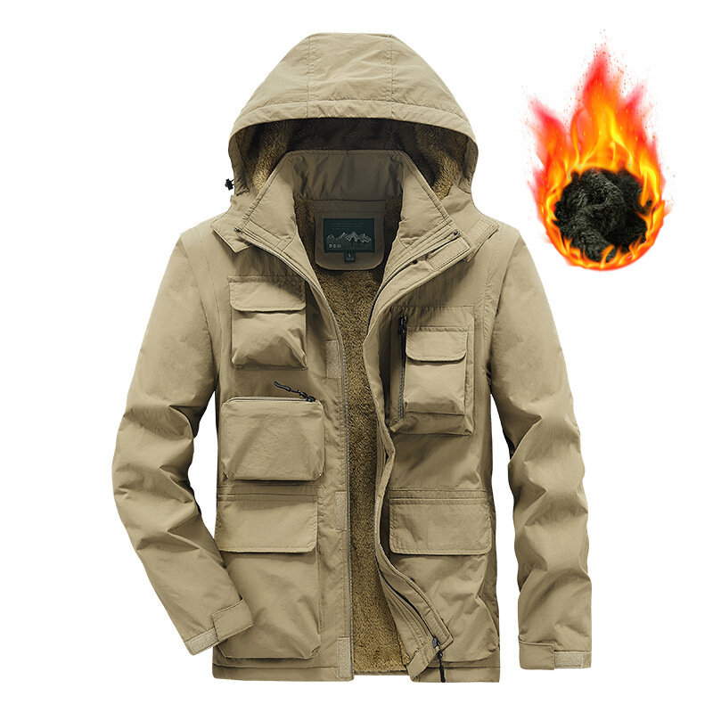 Jaqueta masculina multi bolsos com capuz, casual de inverno quente Parkas, velo, jaquetas militares masculinas, roupa ao ar livre, nova