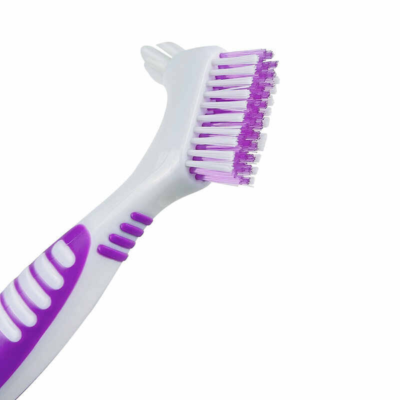 Cepillo de dientes postizos para limpieza de dentaduras, cerdas de múltiples capas, cuidado bucal, antideslizante, mango de goma ergonómico, cabezales dobles, antibacteriano