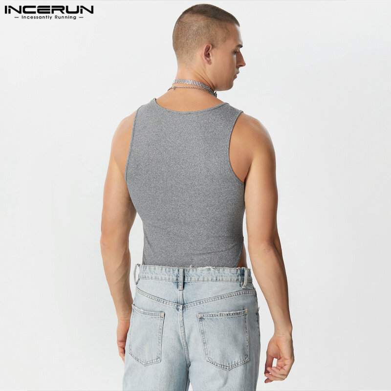 INCERUN 2023 Sexy Style New Men Homewear Jumpsuits Knitted Square Neck Design Bodysuits Casual Sleeveless Triangle Rompers S-3XL