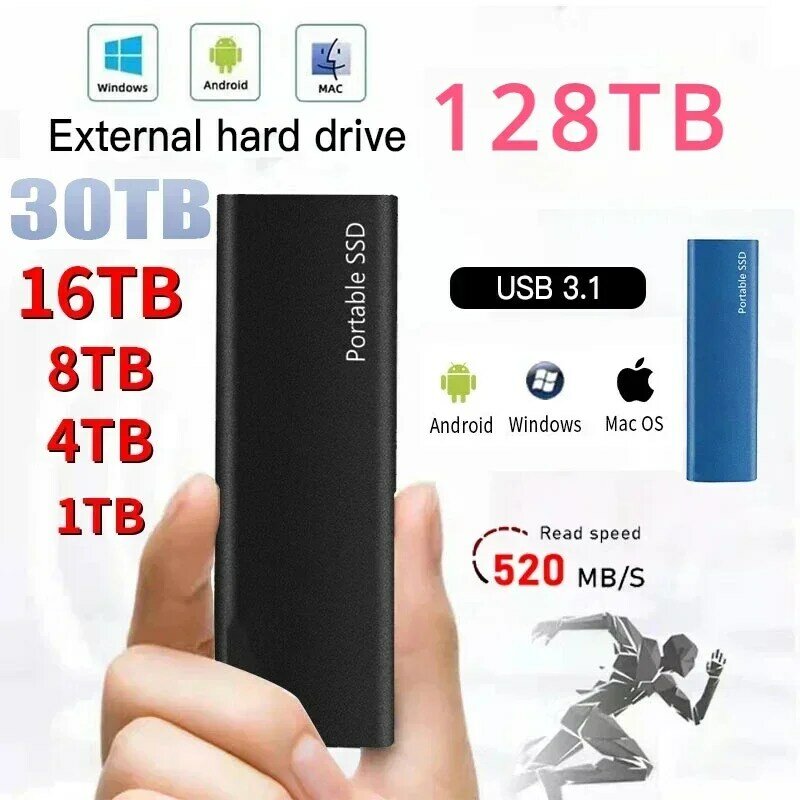 Portátil SSD Disco Rígido Externo, Solid State Drive, USB 3.1, Tipo-C Interface De Armazenamento Em Massa, Disco Rígido para Laptop e Mac, Alta Velocidade, 1TB