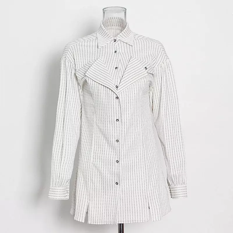 SuperAen 한국 여성 셔츠, 불규칙한 패널 단추 라펠 줄무늬, 오피스 레이디 캐주얼 셔츠, 용수철 여름, 2024 신상