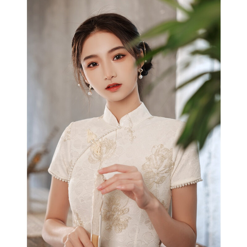 Qipao de encaje mejorado para niñas, vestido Vintage chino tradicional, Cheongsam Blanco clásico, Elegante, cuello mandarín, abertura