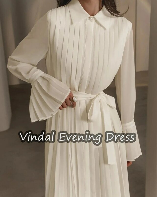 Vindal gaun malam garis leher A, baju Malam Panjang teh sifon elegan tanam lengan panjang Arab Saudi untuk wanita 2024