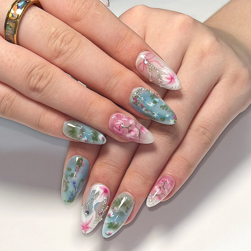 소박한 스타일 귀여운 꽃 나비 매듭 새끼 고양이 아몬드 모양 가짜 손톱, 여름 분리형 완성 가짜 손톱, 접착제로 손톱 프레스