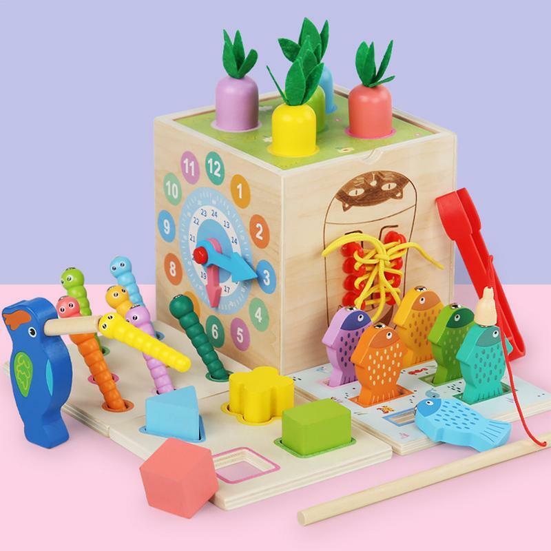 子供のための木製アクティビティキューブ、教育玩具の並べ替え、木製の遊び、8 in1、1〜3歳の子供のための用品